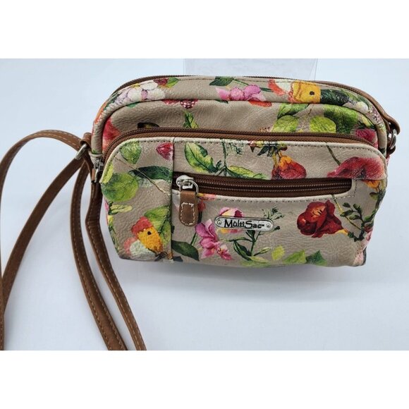 Multi Sac Dynamic Mini Crossbody Purse Zippered Pockets Butterfly Floral Beige - Picture 3 of 12